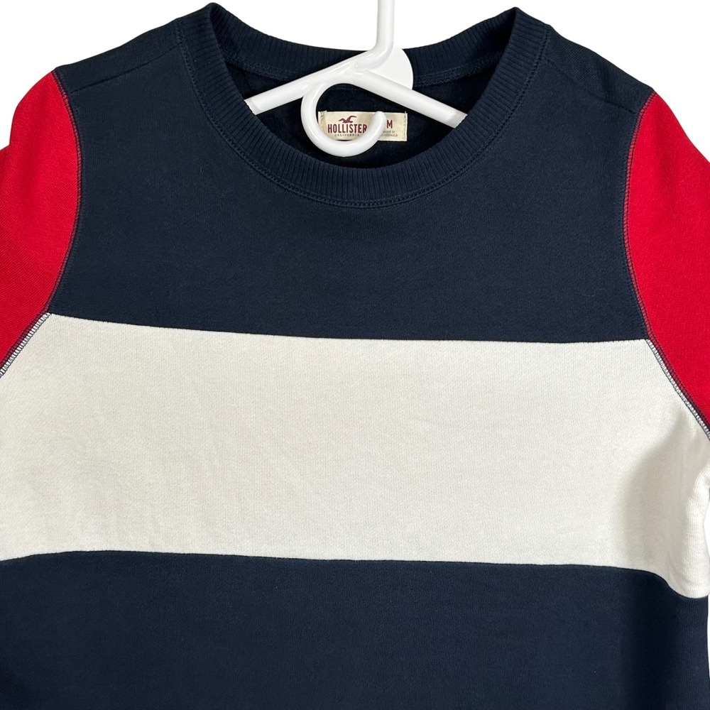 Hollister Mens Colorblock Crewneck Sweatshirt Navy‎ Blue White Red Size M